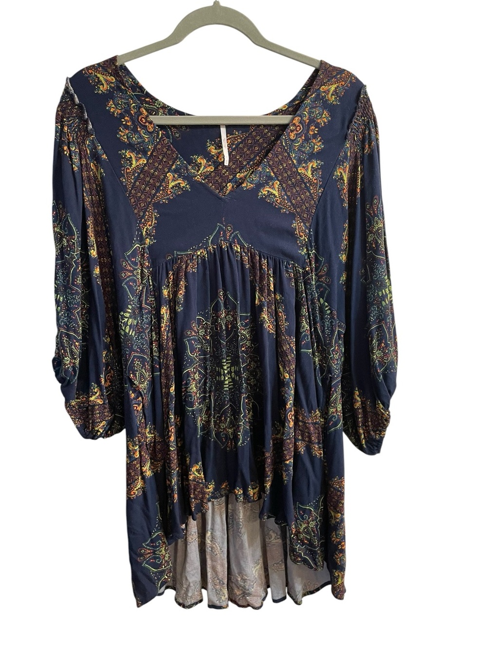 Free People Paisley Boho Tunic Top Medium High Low Peasant Festival